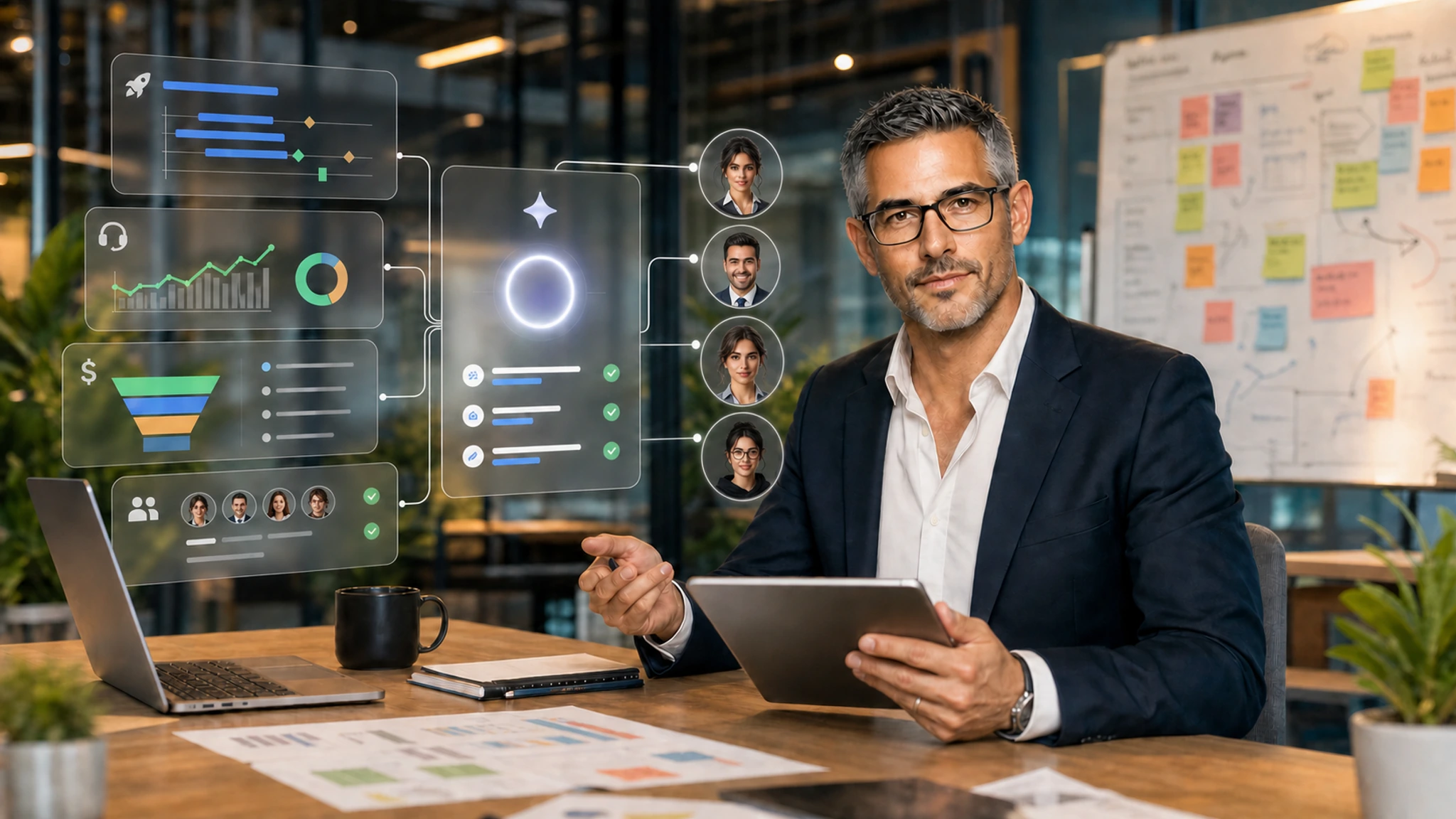 The AI Co-Founder coordinating an AI-run business in a modern studio