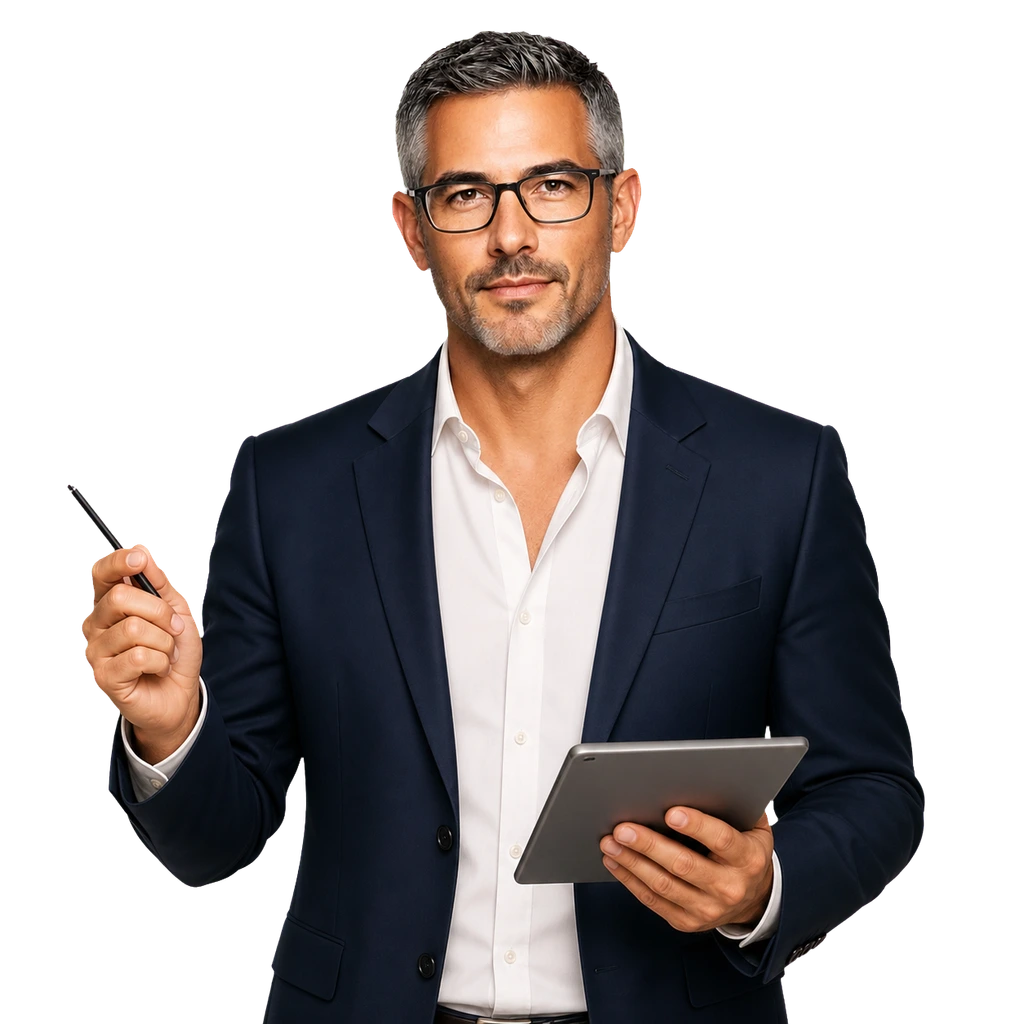 3D portrait of the AI Co-Founder holding a pointer and tablet