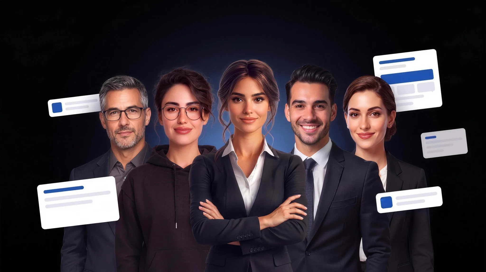 The Teammates.ai team of AI specialists: AI Co-Founder, AI Engineer, Raya for customer support, Adam for sales, and Sara for hiring.